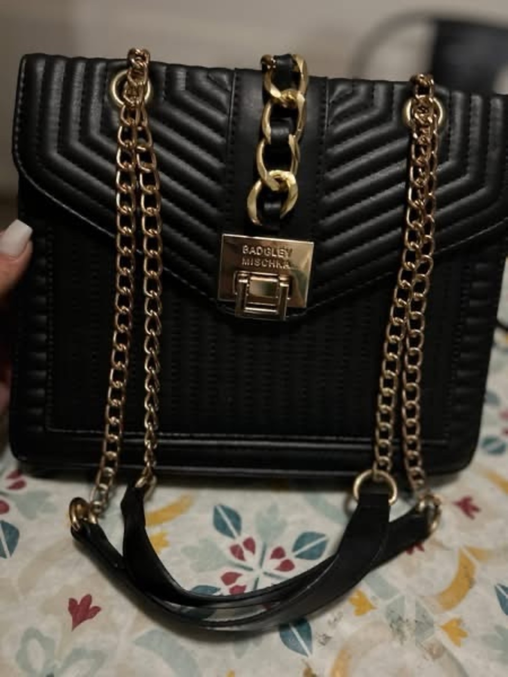 Badgley Mischka Black Quilted Shoulder Bag with Gold Chain Hardware